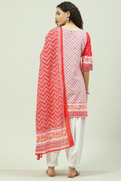 Red And White Cotton Straight Kurta Palazzo Suit Set image number 4