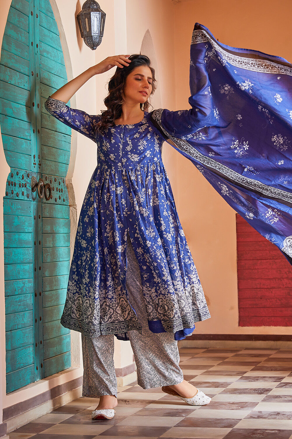 Blue Cotton Anarkali Kurta Palazzo Suit Set Kurta Palazzo Dupatta at Biba Global