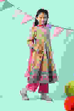 Lime Green & Pink Cotton Front Open Printed Kurta Palazzo Suit Set image number 6