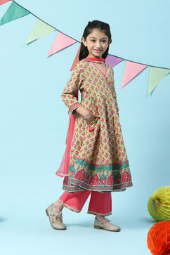 Lime Green & Pink Cotton Front Open Printed Kurta Palazzo Suit Set image number 6