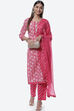 Pink Cotton Screen Print Unstitched Suit Set image number 4