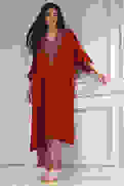 Red Satin Solid Kaftan-Style Kurta Set image number 0