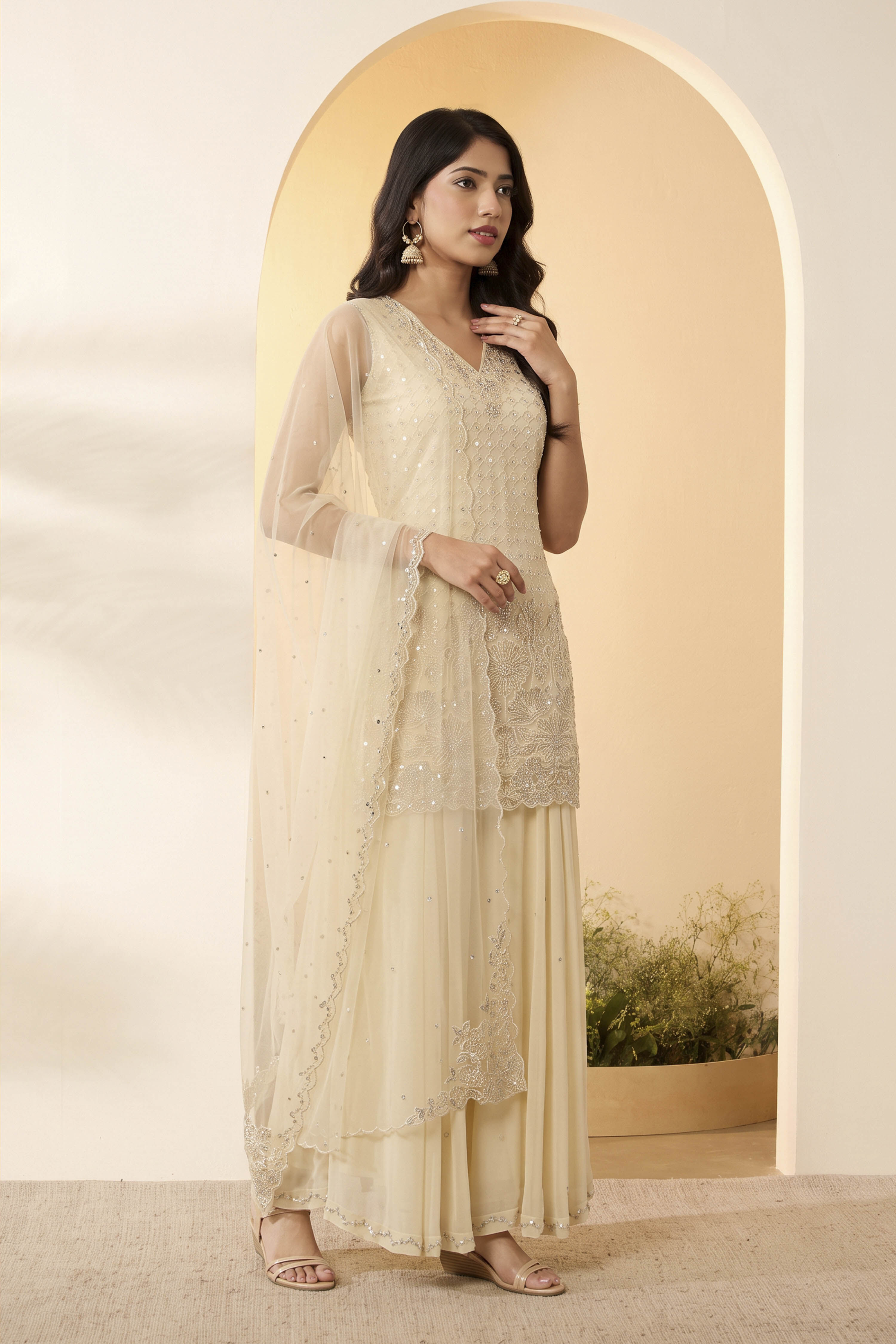 Ivory Embroidered Sharara Set with Net Dupatta image number 2
