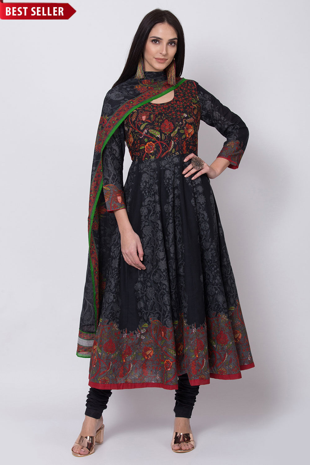 Black Cotton Anarkali Kurta Churidar Suit Set at Biba India