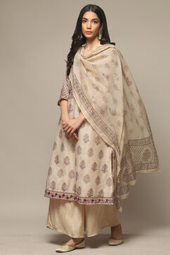 Off White Chanderi Hand Block Print Unstitched Suit Set image number 5