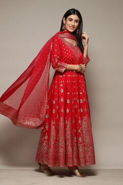 Red Silk Anarkali Kurta Churidar Suit Set image number 6