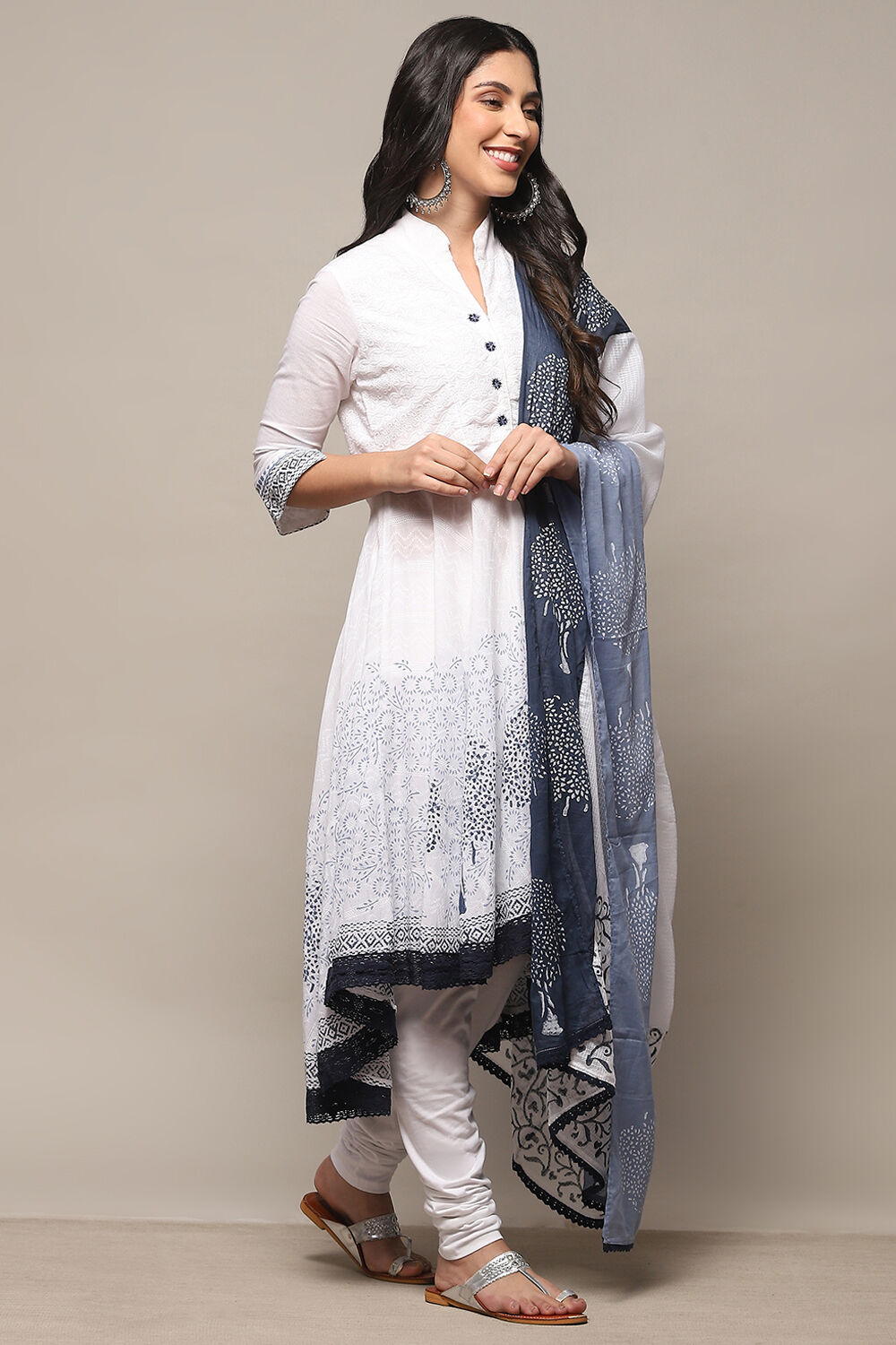 White Cotton Asymmetric Anarkali & Churidar Suit Set image number 6