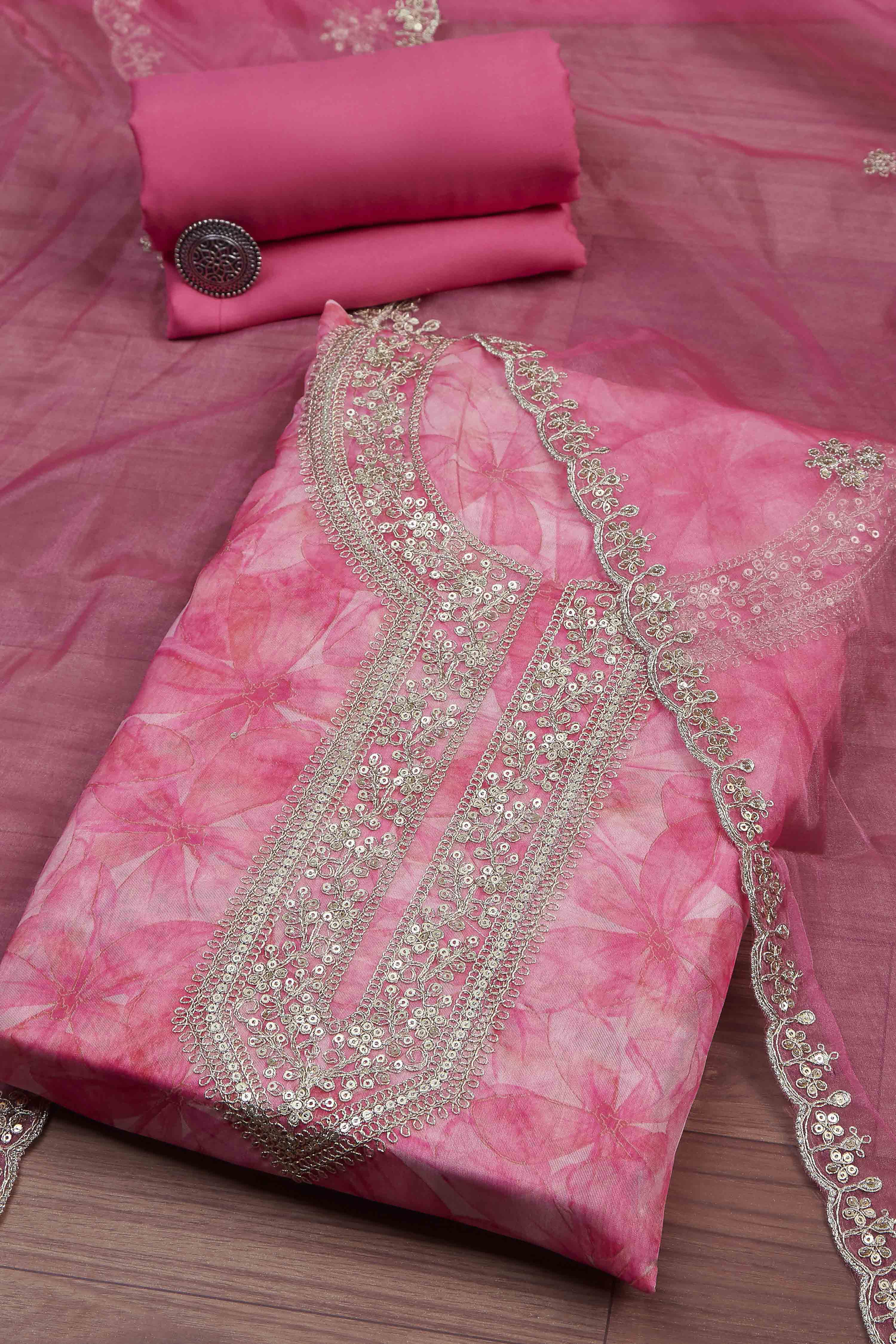 Pink Organza Rajasthani Print Unstitched Suit Set image number 0
