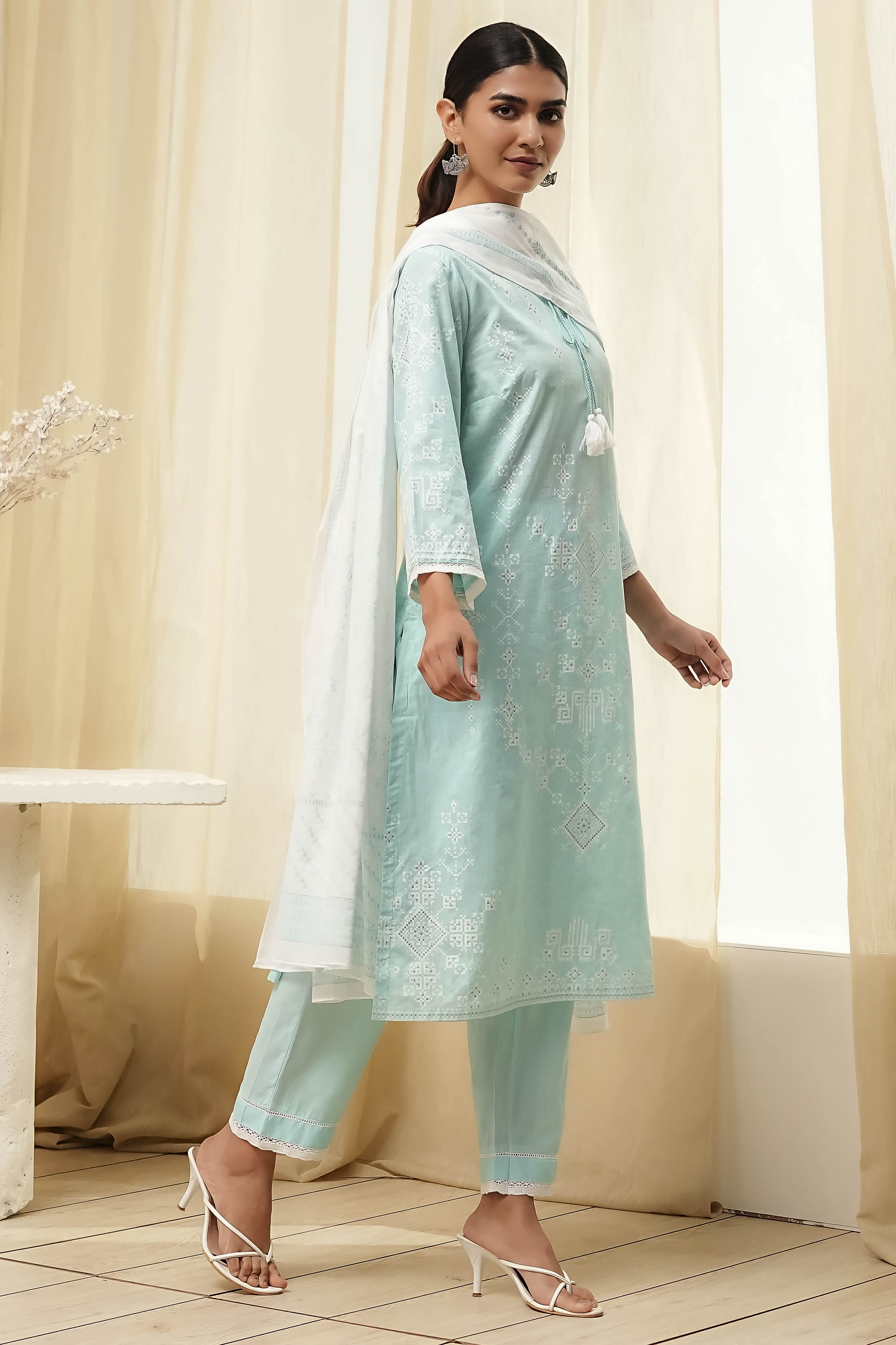 Aqua Cotton Printed Straight Suit Set image number 5