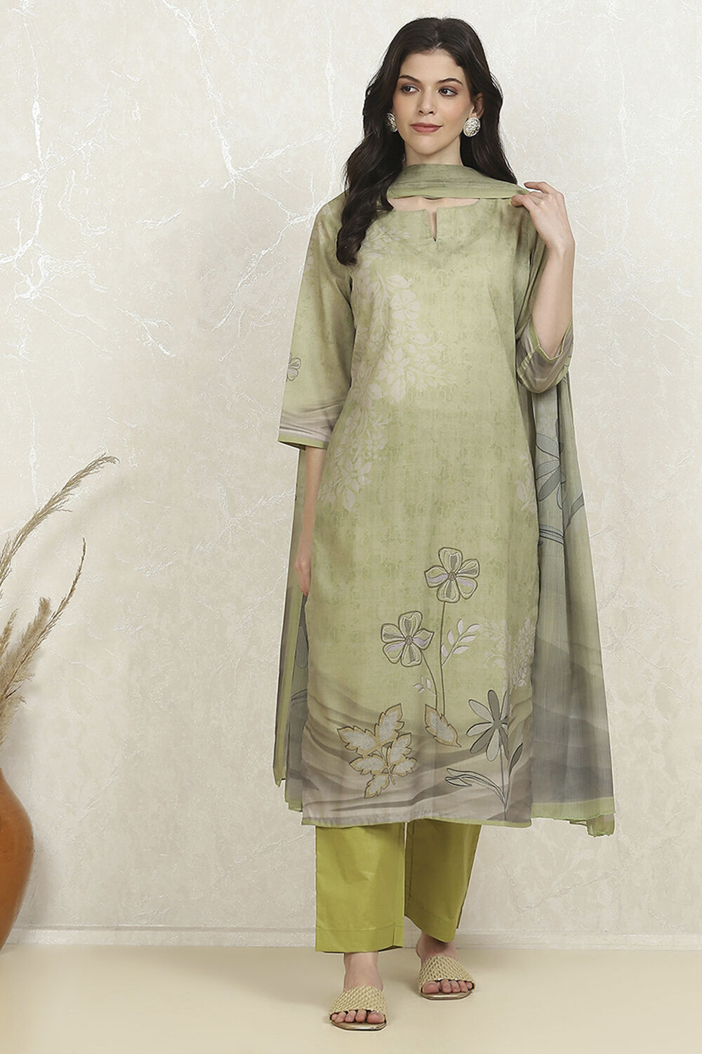 Green Cotton Printed Embroidered Unstitched Suit Set image number 7