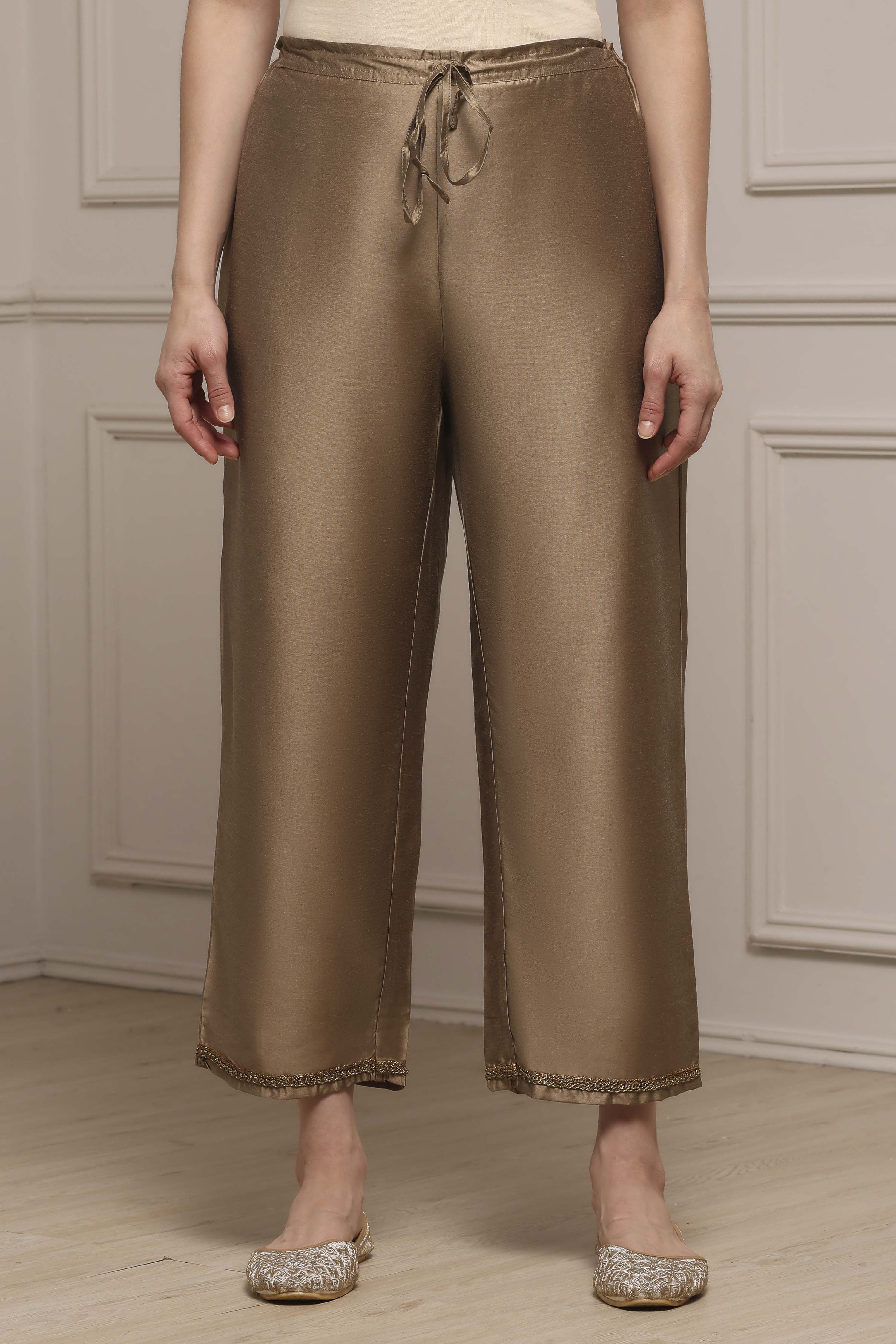 Antique Gold Polyester Straight Palazzos image number 4