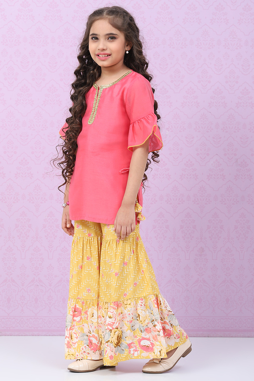 Pink & Yellow Art Silk Straight Kurta Set image number 3