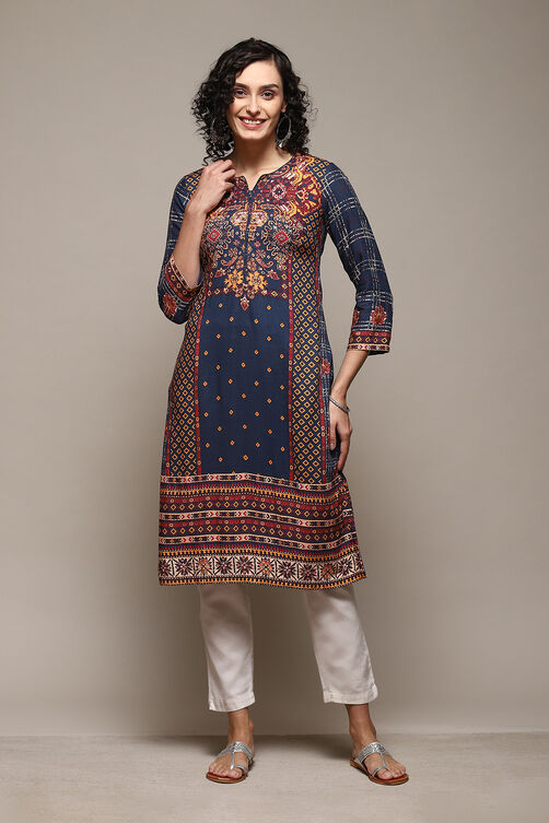 Teal LIVA Straight Printed Kurta image number 0