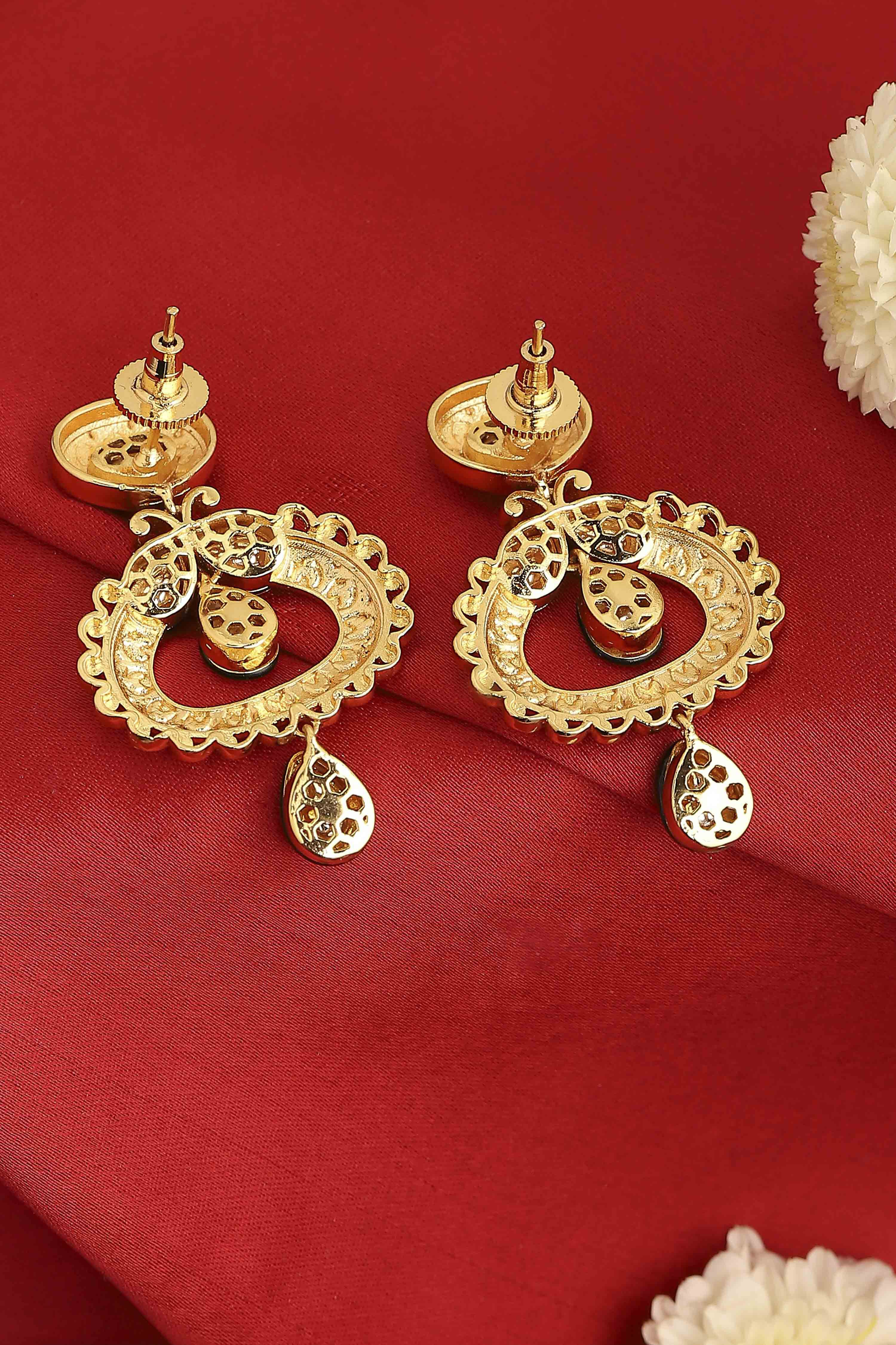 Red Brass Gold Plated Stone Studded Drop Earrings image number 2