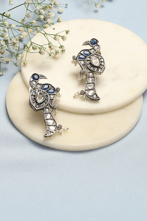 Oxidised Blue & White Brass Earrings image number 0