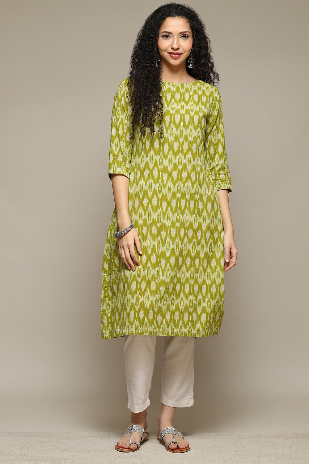 Olive Cotton IKAT Straight Yarndyed Kurta image number 5