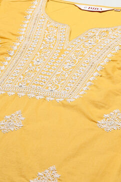 Yellow Cotton Straight Embroidred Kurta image number 1