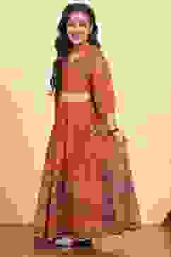 Orange Polyester Printed Kalidar Lehenga Set image number 3