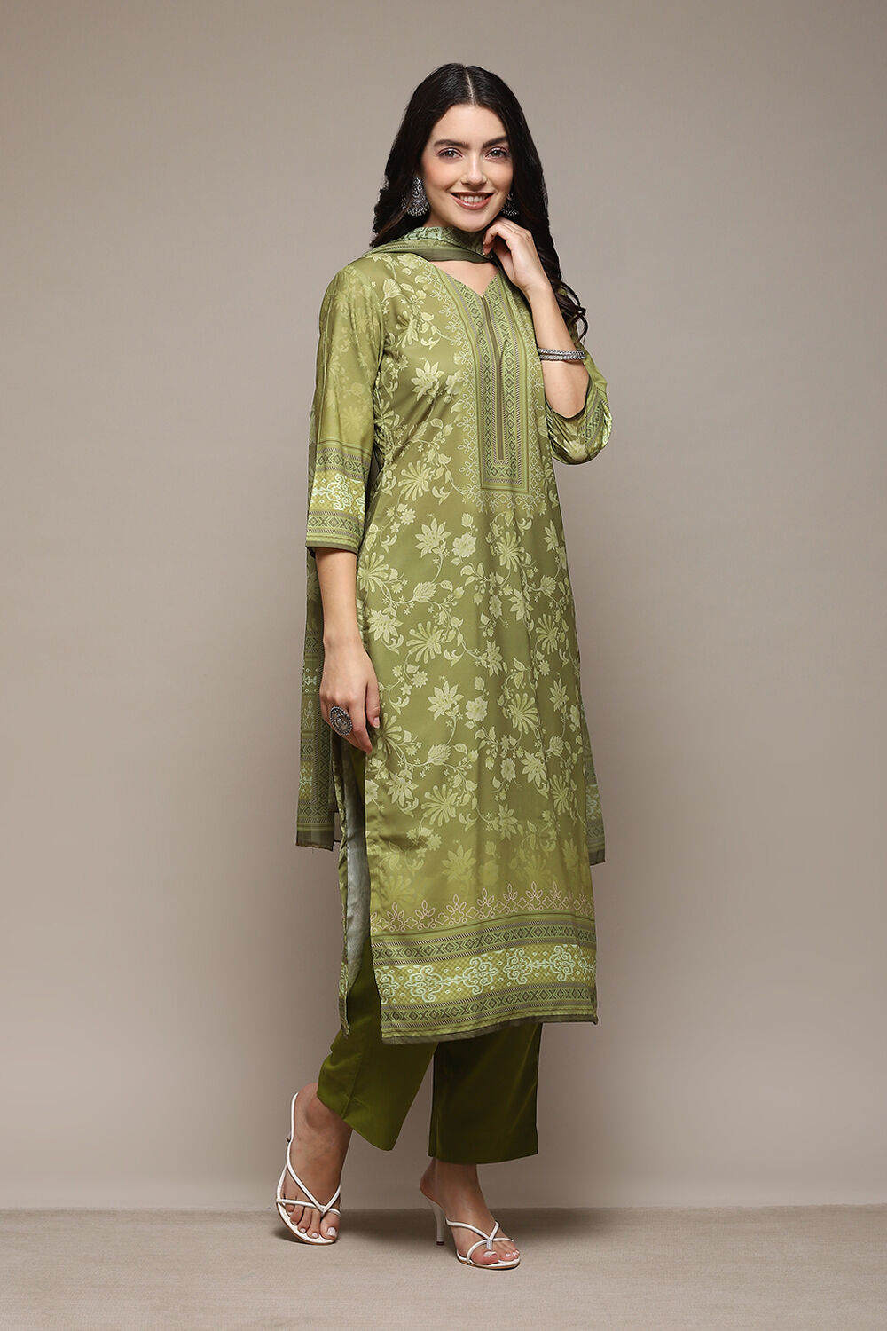 Olive Green Silk Blend Digital Print Unstitched Suit Set image number 7