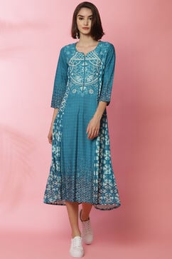 Turquoise Rayon A-Line Printed Dress image number 0