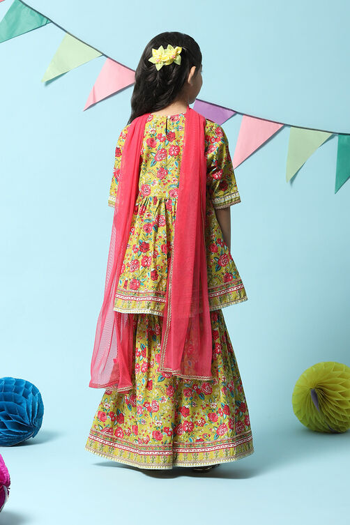 Lime Green Cotton Gathered Printed Kurta Sharara Suit Set image number 4