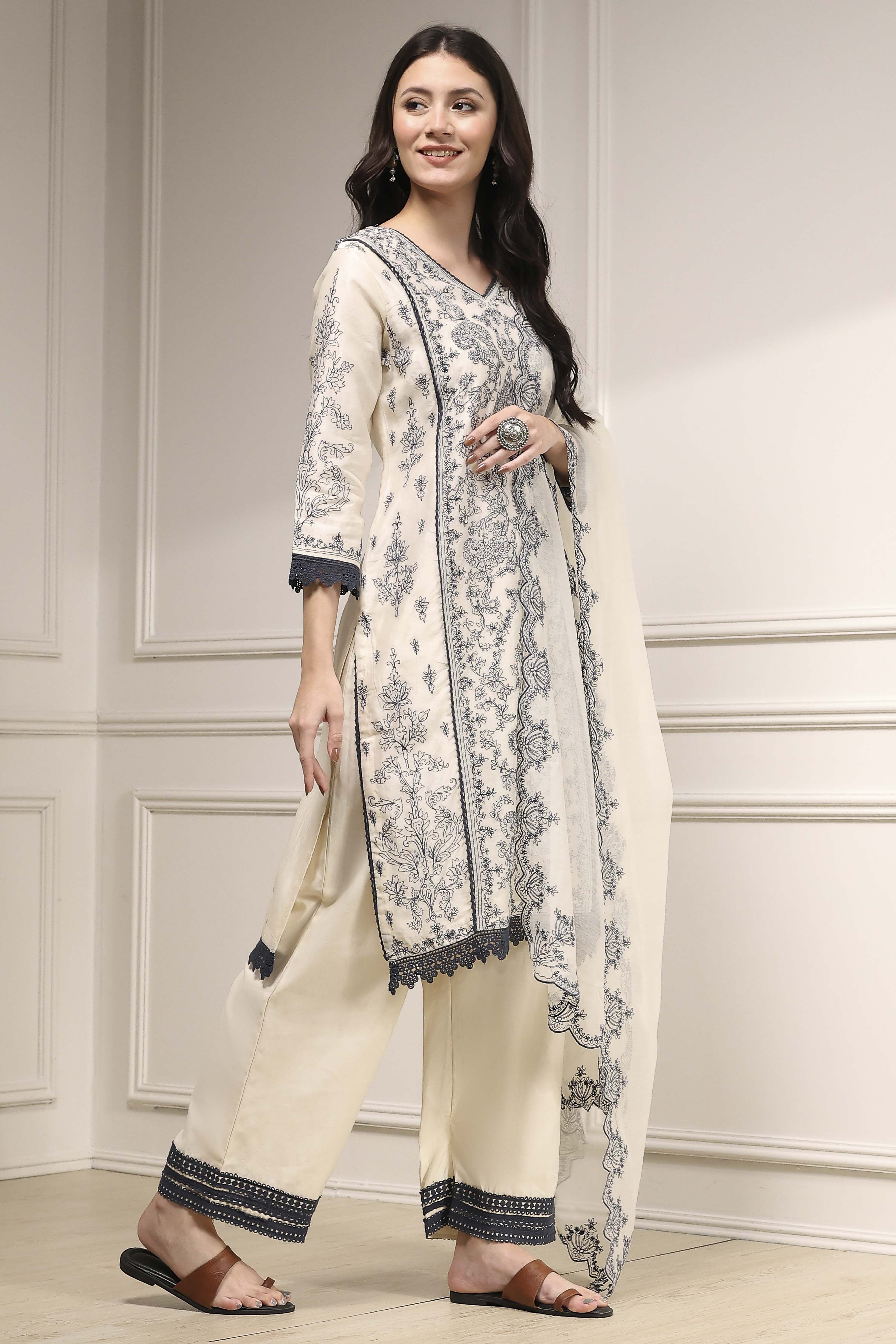 Natural White Chanderi Embroidered Straight Suit Set image number 5
