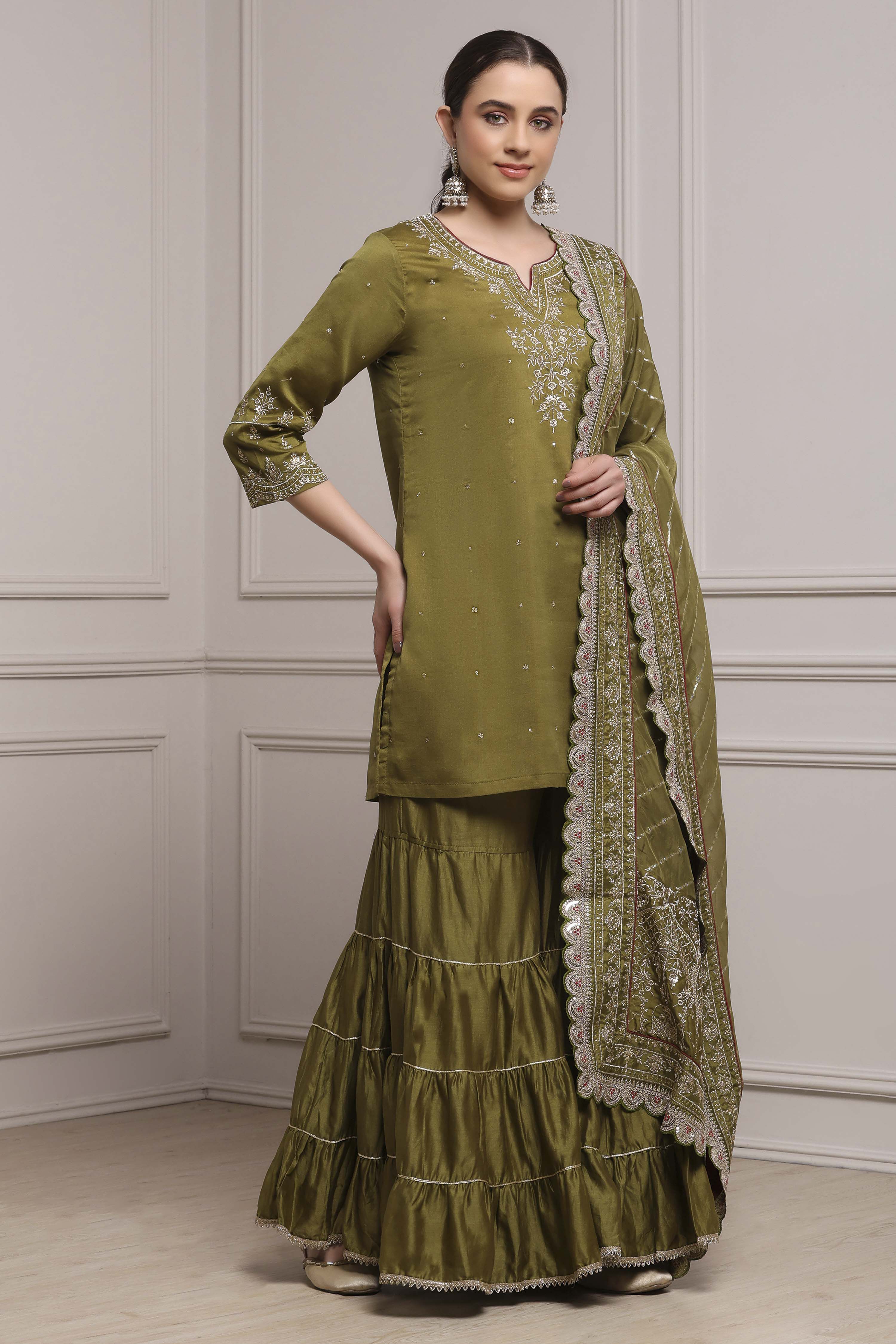 Mehndi Green Cotton Silk Straight Suit Set image number 5