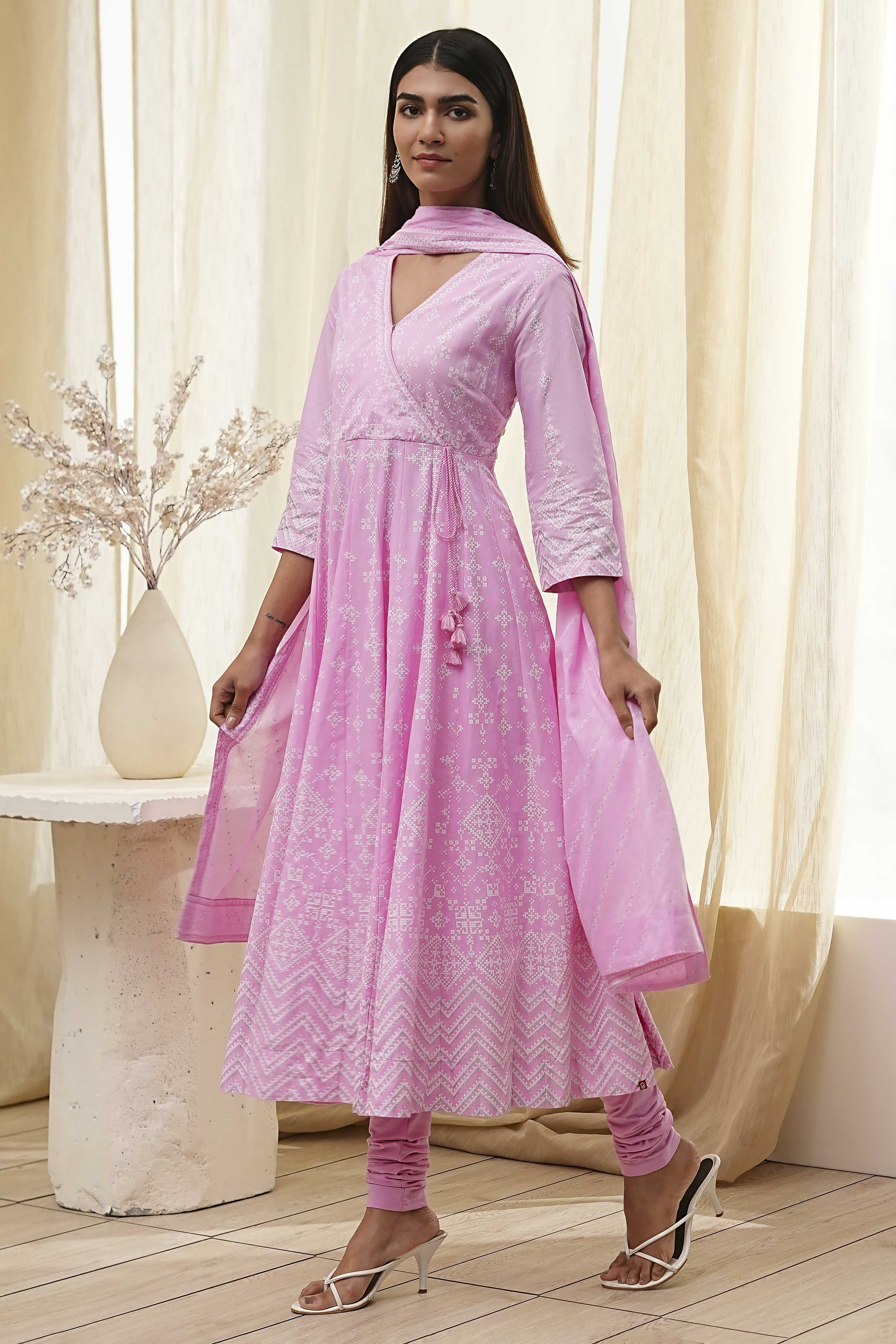 Pink Cotton Anarkali Suit Set image number 3
