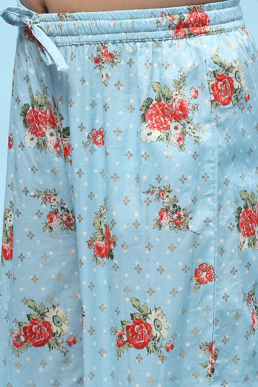 Blue Cotton Floral Printed A-Line Kurta Set image number 2