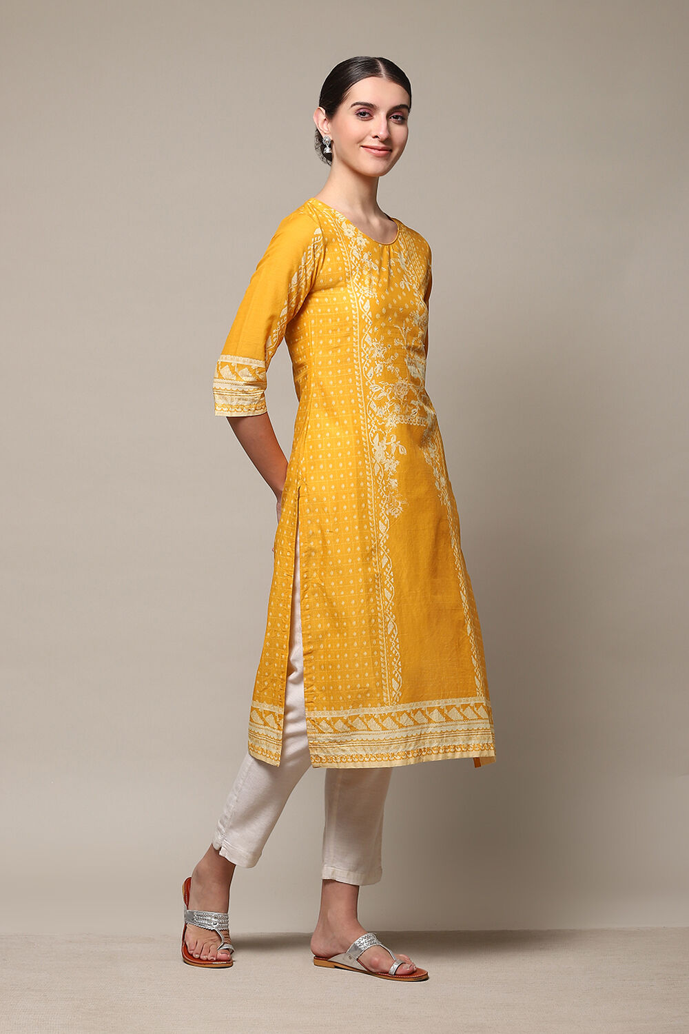 Yellow Cotton Straight Printed Kurta image number 3