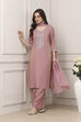 Pink Yoke Embroidered Straight Suit Set