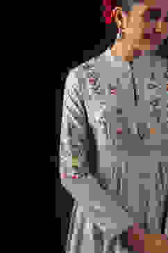 Rohit Bal Blue Cotton Silk Anarkali Embroidered Suit Set image number 9