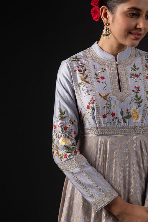 Rohit Bal Blue Cotton Silk Anarkali Embroidered Suit Set image number 9