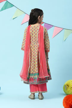 Lime Green & Pink Cotton Front Open Printed Kurta Palazzo Suit Set image number 4