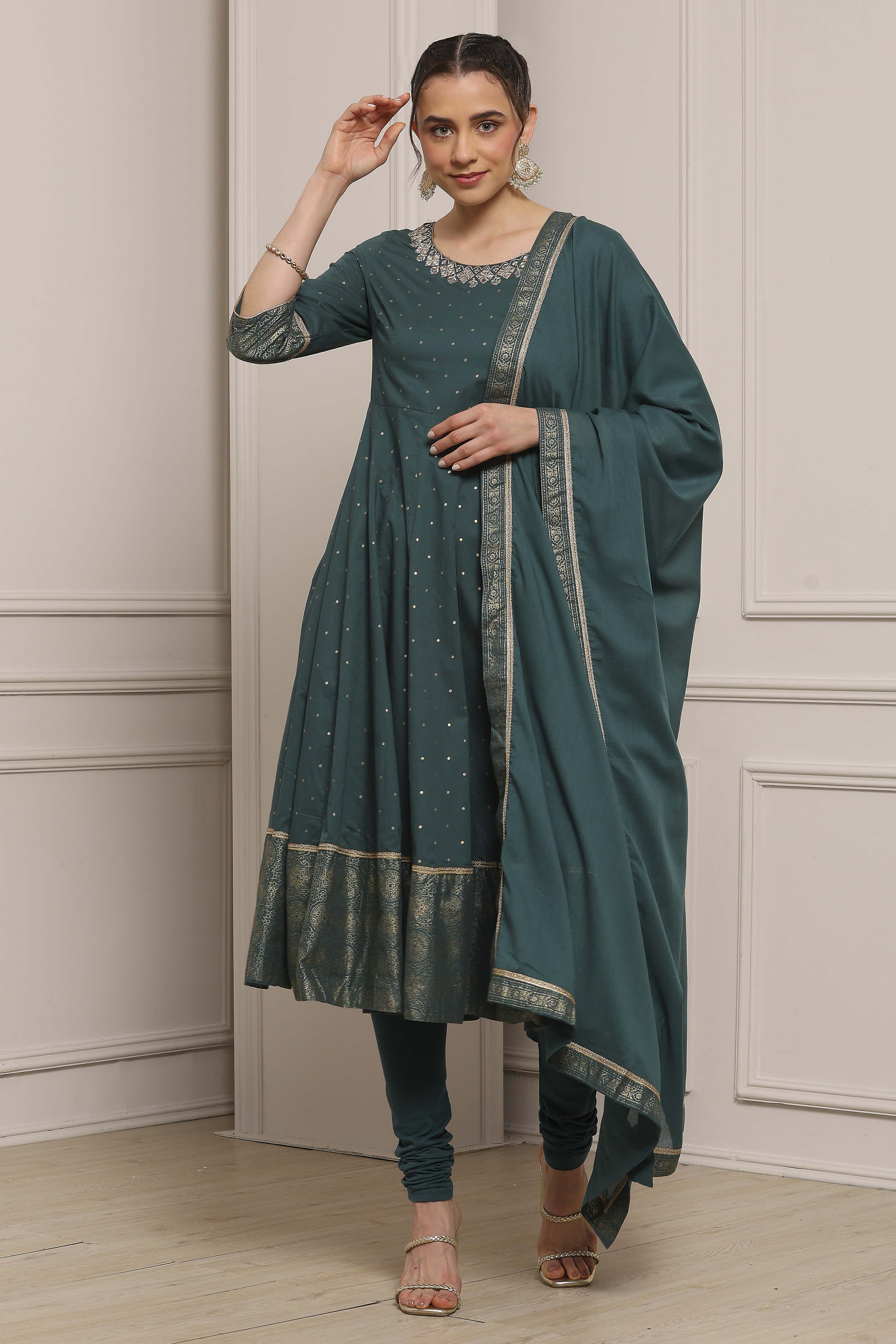 Teal Cotton Printed Anarkali Suit Set image number 0