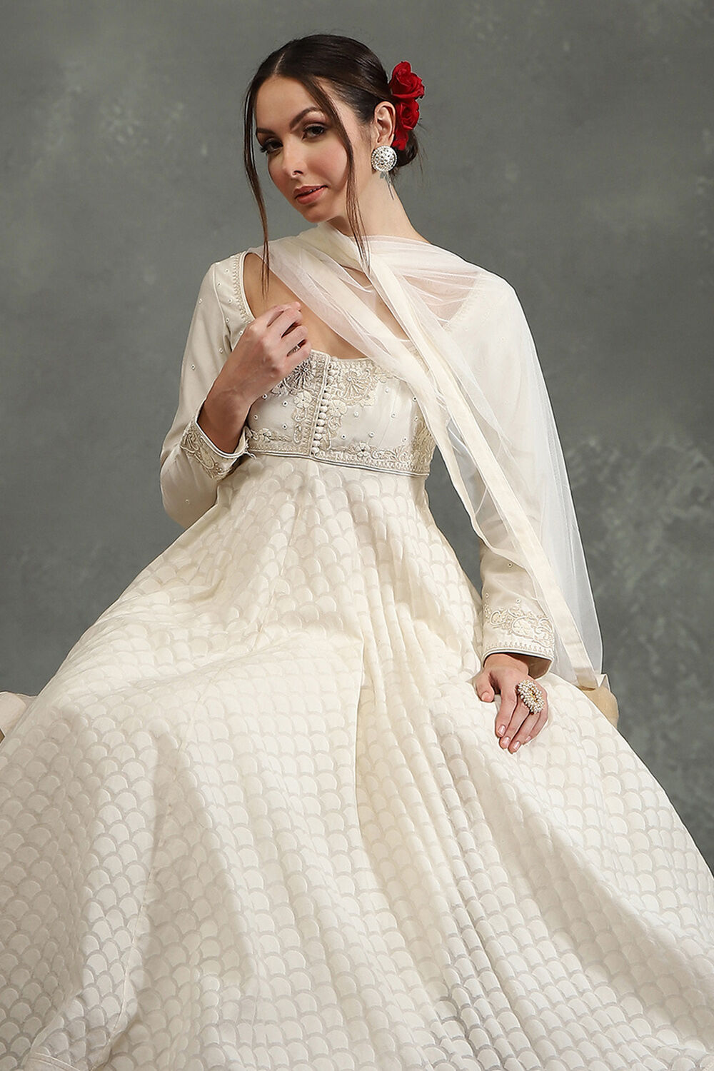 Rohit Bal Cream-Toned Silk Chanderi Floral Anarkali Suit Set image number 0