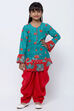 Turquoise And Red Cotton Straight Kurta Dhoti Salwar Suit Set image number 4