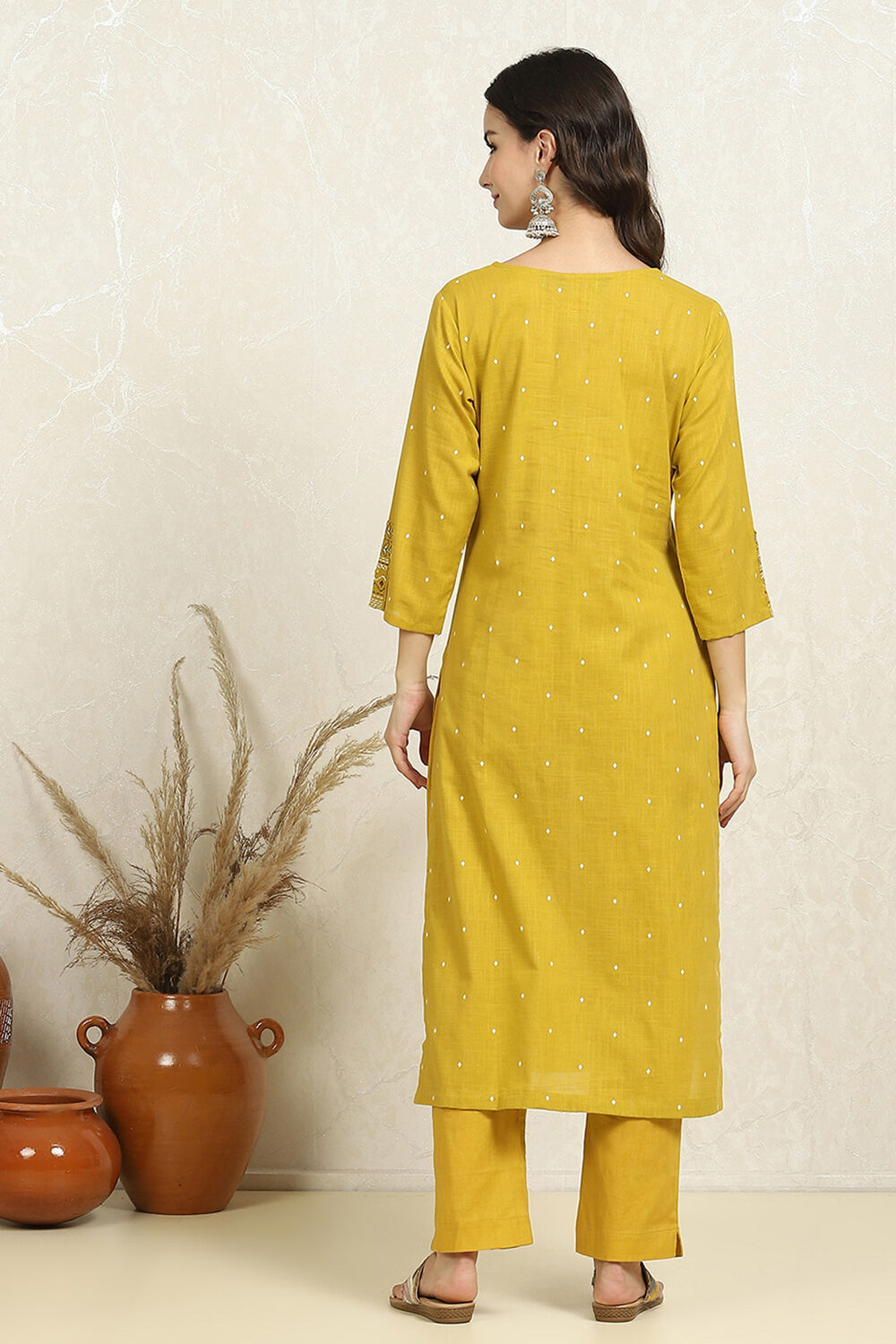 Yellow Cotton Handloom Unstitched Suit Set image number 5