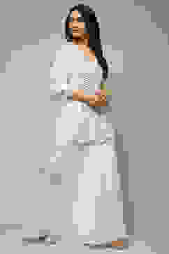 Off White Polyester Short Kurta Sharara Suit Set image number 6