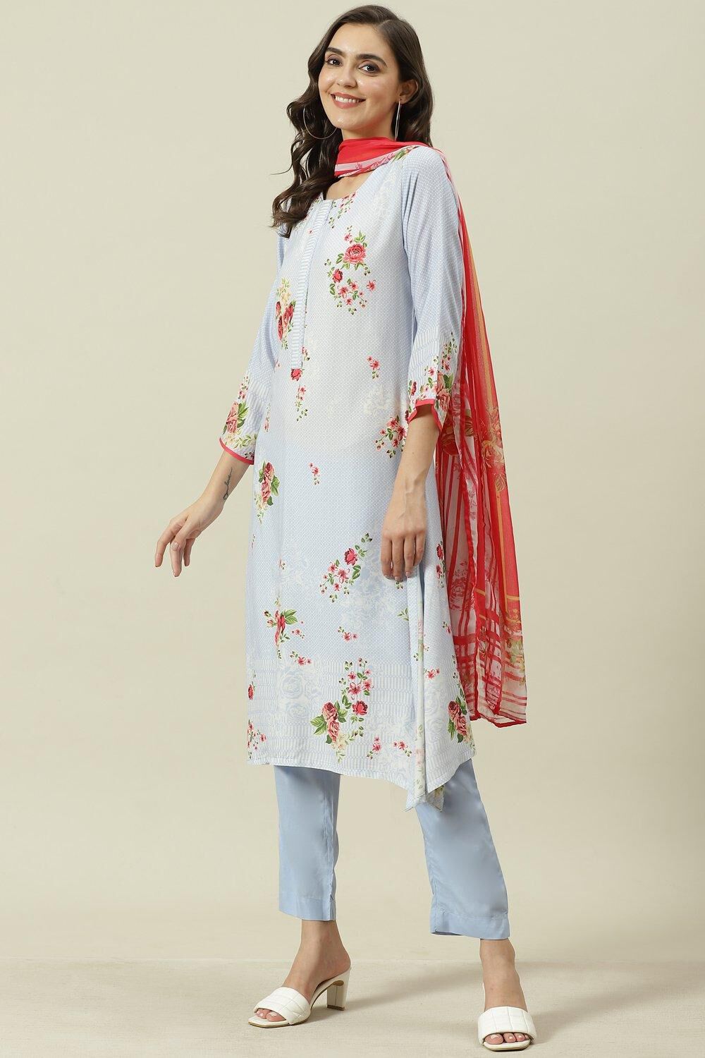 Yellow Printed Viscose A-Line Kurta Slim Pants Suit Set image number 5