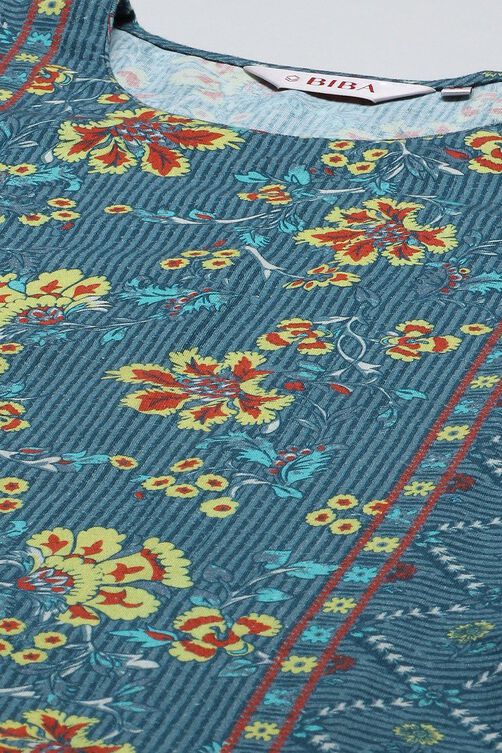 Blue Printed Straight Kurta Regular Pant Suit Set image number 1