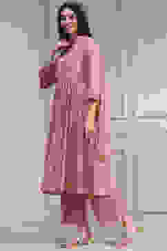 Peach-Colored Embroidered Gathered Suit Set image number 3