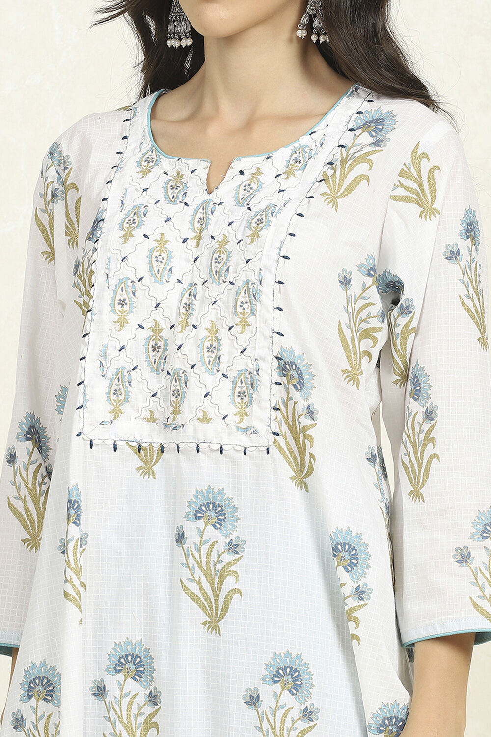 Blue and White Printed Cotton Unstitched Suit Set image number 2