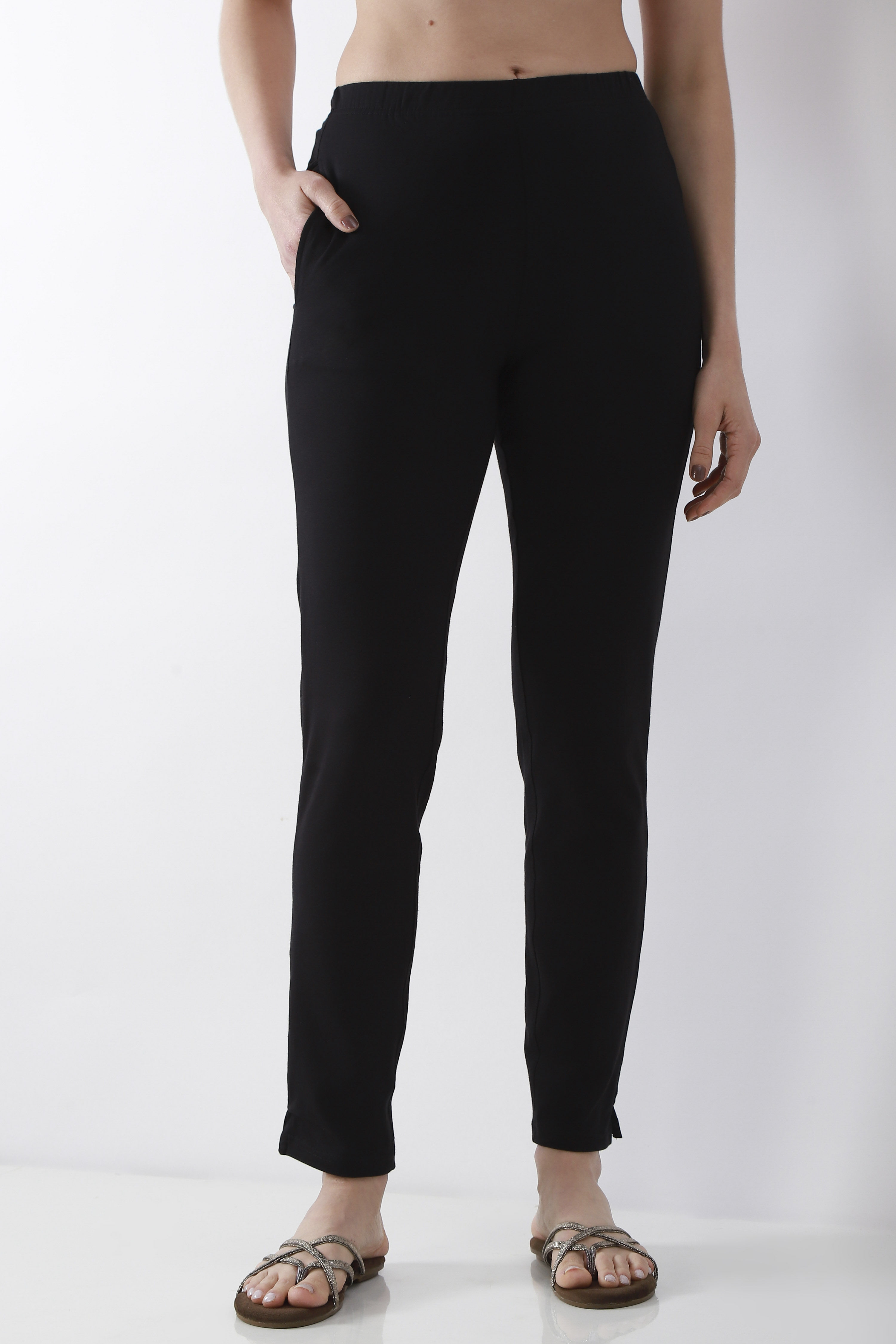 Black Solid Cotton Lycra Straight Pants image number 4