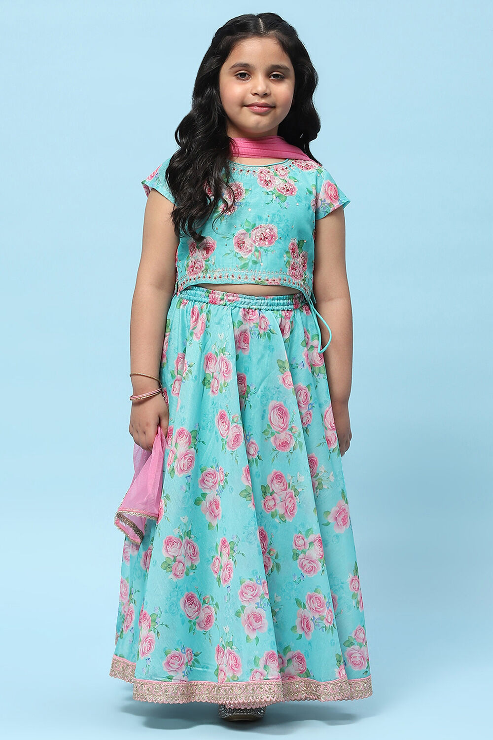 Blue Poly Chanderi Floral Printed Flared Lehenga Set image number 7