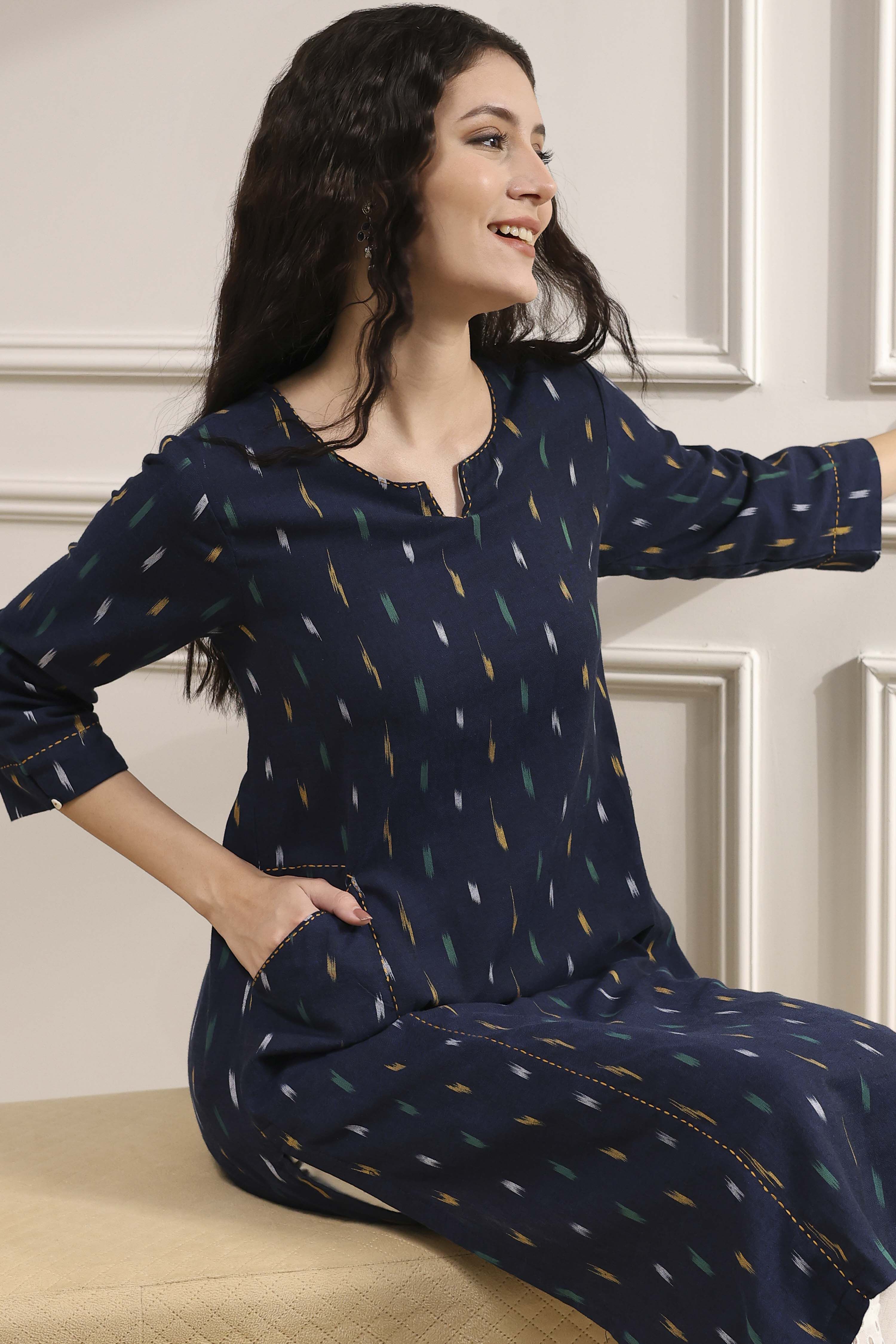 Indigo Blue Cotton Ikat Straight Kurta image number 7