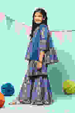 Blue Polyester Gathered Printed Suit Set image number 5