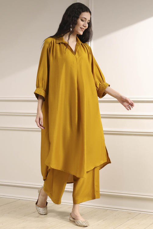 Ochre Yellow Polyester A-Line Dyed Kurta Pants Set image number 0