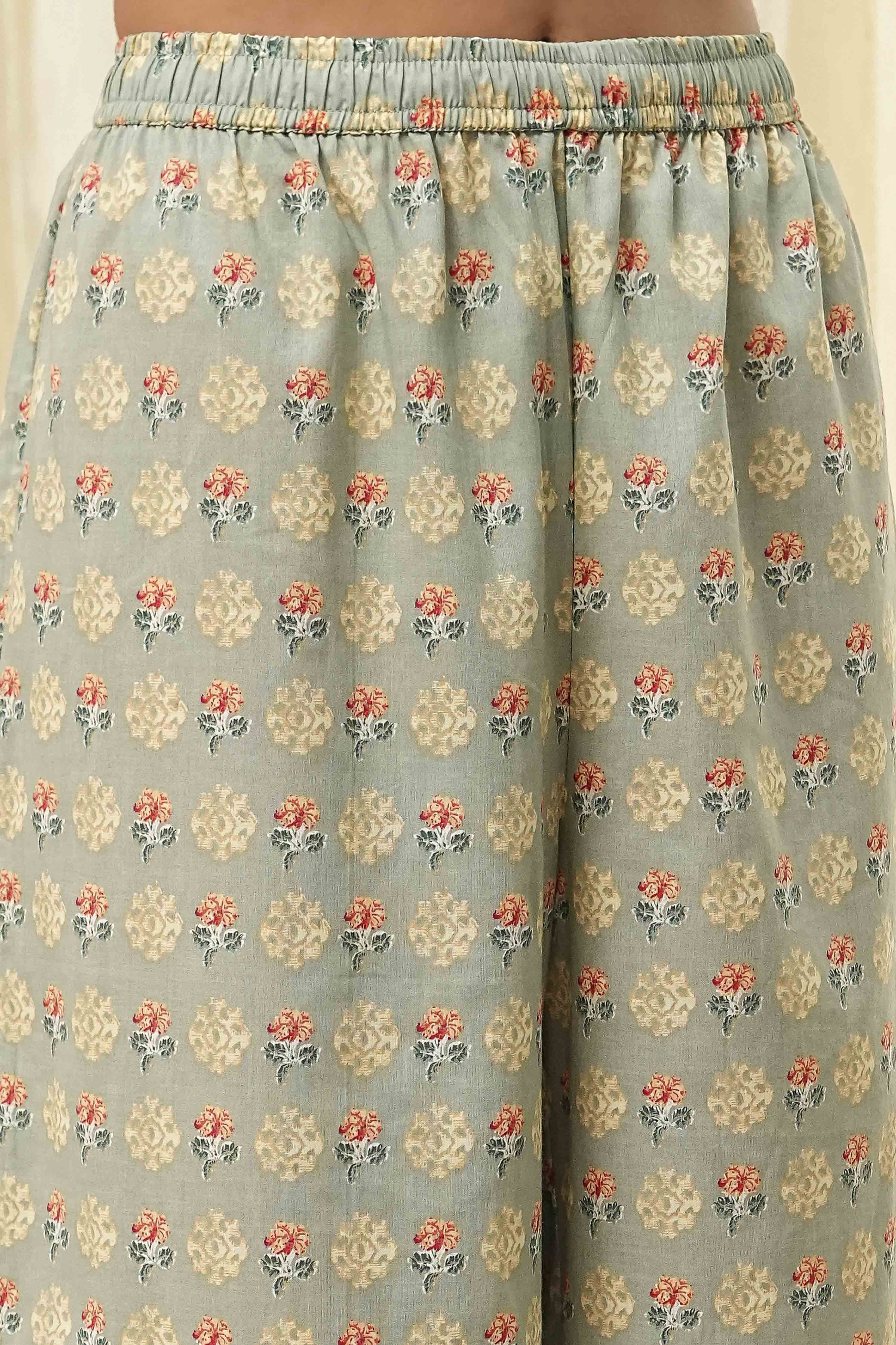 Sage Green Pure Cotton Floral Kalidar Suit Set image number 2