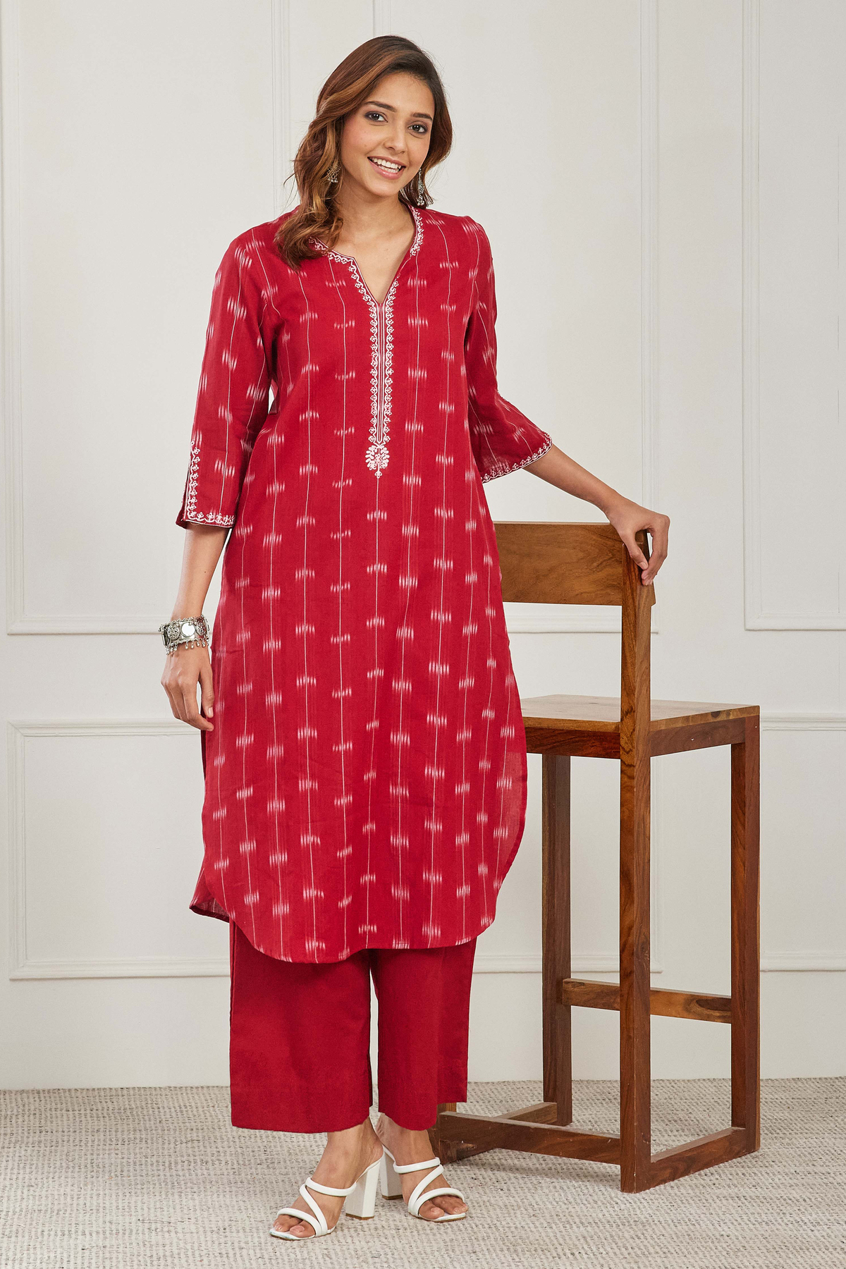 Red Cotton A Line Suit Set